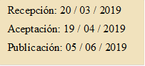 Recepción: 20 / 03 / 2019
Aceptación: 19 / 04 / 2019
Publicación: 05 / 06 / 2019
