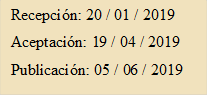 Recepción: 20 / 01 / 2019
Aceptación: 19 / 04 / 2019
Publicación: 05 / 06 / 2019
