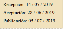 Recepción: 14 / 05 / 2019
Aceptación: 28 / 06 / 2019
Publicación: 05 / 07 / 2019
