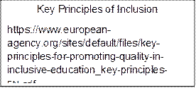 Key Principles of Inclusion
https://www.european-agency.org/sites/default/files/key-principles-for-promoting-quality-in-inclusive-education_key-principles-EN.pdf

