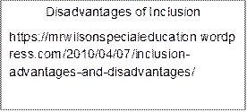Disadvantages of Inclusion
https://mrwilsonspecialeducation.wordpress.com/2010/04/07/inclusion-advantages-and-disadvantages/


