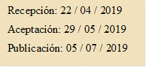 Recepción: 22 / 04 / 2019
Aceptación: 29 / 05 / 2019
Publicación: 05 / 07 / 2019
