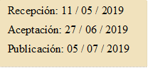 Recepción: 11 / 05 / 2019
Aceptación: 27 / 06 / 2019
Publicación: 05 / 07 / 2019

