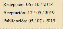 Recepción: 06 / 10 / 2018
Aceptación: 17 / 05 / 2019
Publicación: 05 / 07 / 2019
