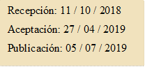 Recepción: 11 / 10 / 2018
Aceptación: 27 / 04 / 2019
Publicación: 05 / 07 / 2019
