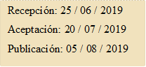 Recepción: 25 / 06 / 2019
Aceptación: 20 / 07 / 2019
Publicación: 05 / 08 / 2019
