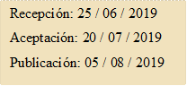 Recepción: 25 / 06 / 2019
Aceptación: 20 / 07 / 2019
Publicación: 05 / 08 / 2019
