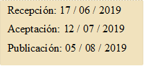 Recepción: 17 / 06 / 2019
Aceptación: 12 / 07 / 2019
Publicación: 05 / 08 / 2019
